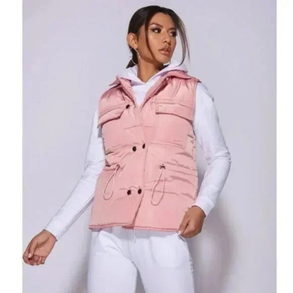 Pink Sleeveless Collared Double Breasted Padded Puffer Jacket Vest Gilet - Picture 16 of 16